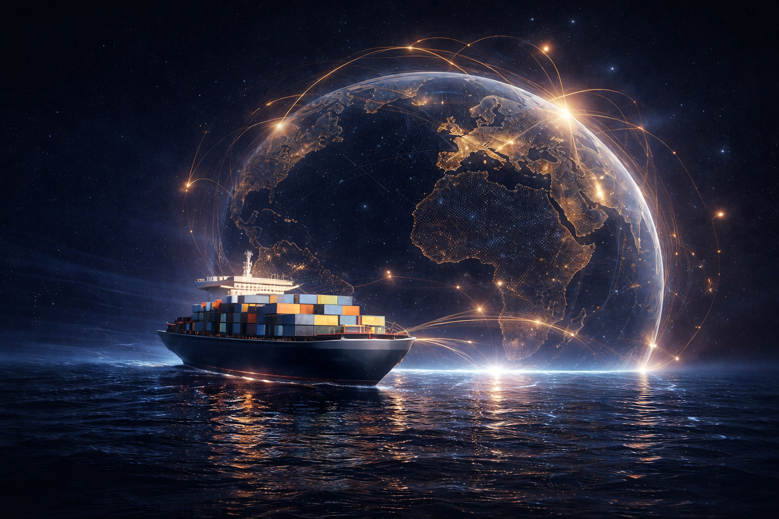 Cargo ship crossing the globe to represent global trade